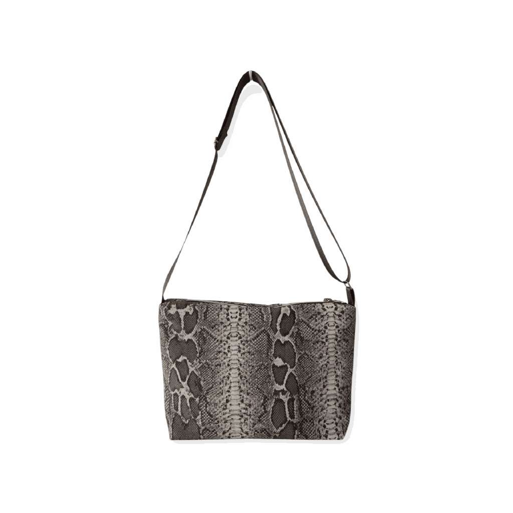 Bolso bandolera de mujer con estampado de piel de serpiente gris y cremallera .