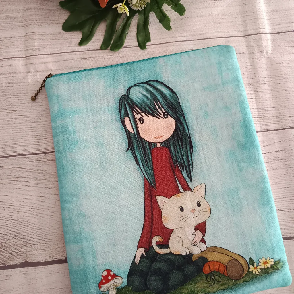 estuche para libros con cremallera diseño niña y gato