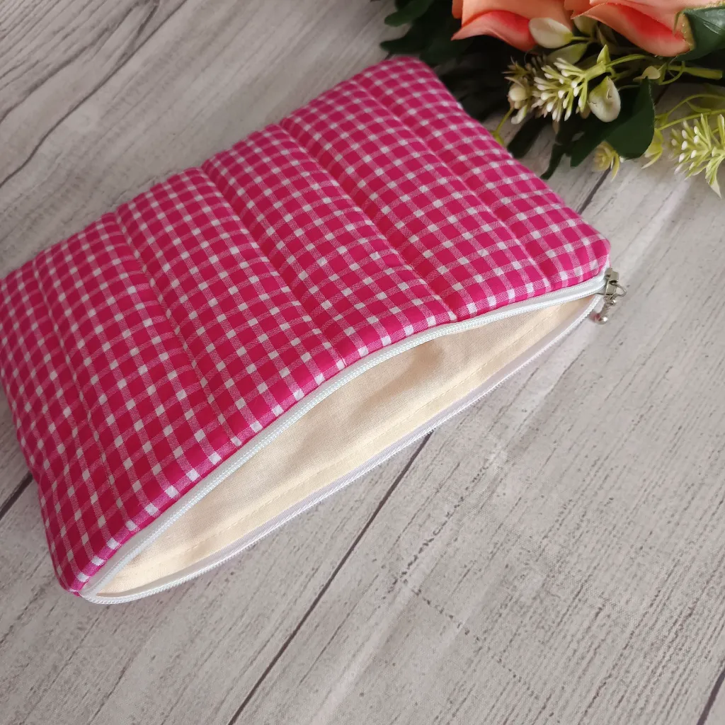 neceser de tela vichy fucsia hecho a mano organizador de maquillaje