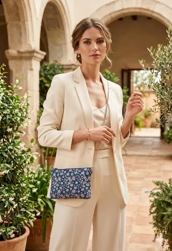 Bolso de tela floral azul con cadena bandolera llevado por mujer