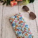 Funda de gafas de tela con estampado de hojas de grinko multicolor cobre fondo azul hecha a mano