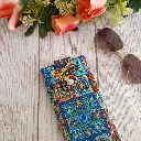 Funda de gafas de tela con estampado de azulejos  mosaicos en tono azul y naranja.hecha a mano