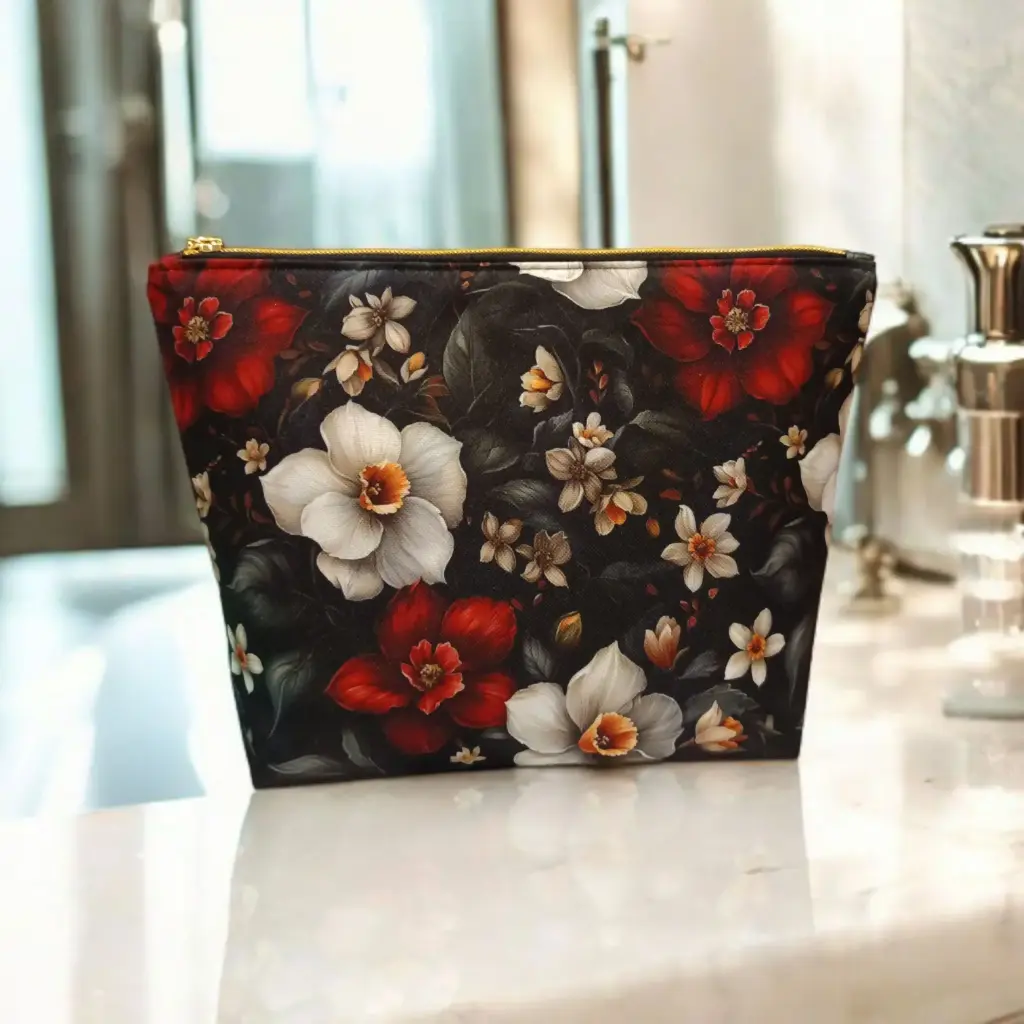 Neceser grande impermeable con flores rojas