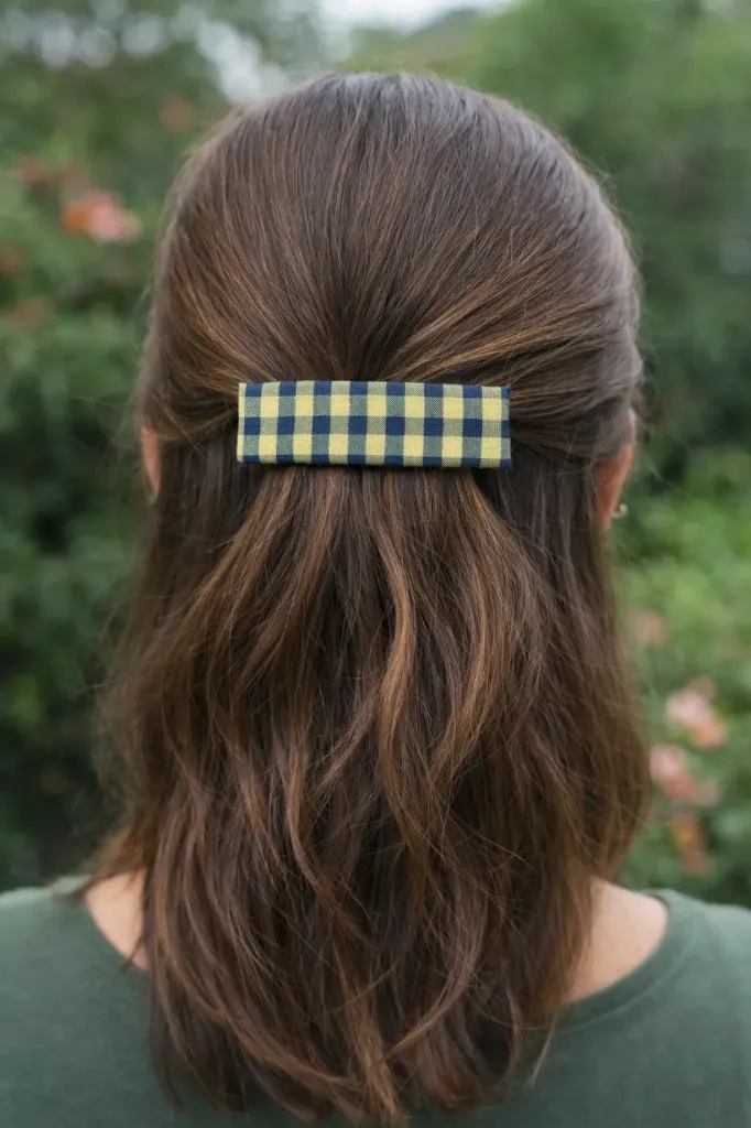 Pasador francés para el pelo de tela vichy verde hecho a mano
