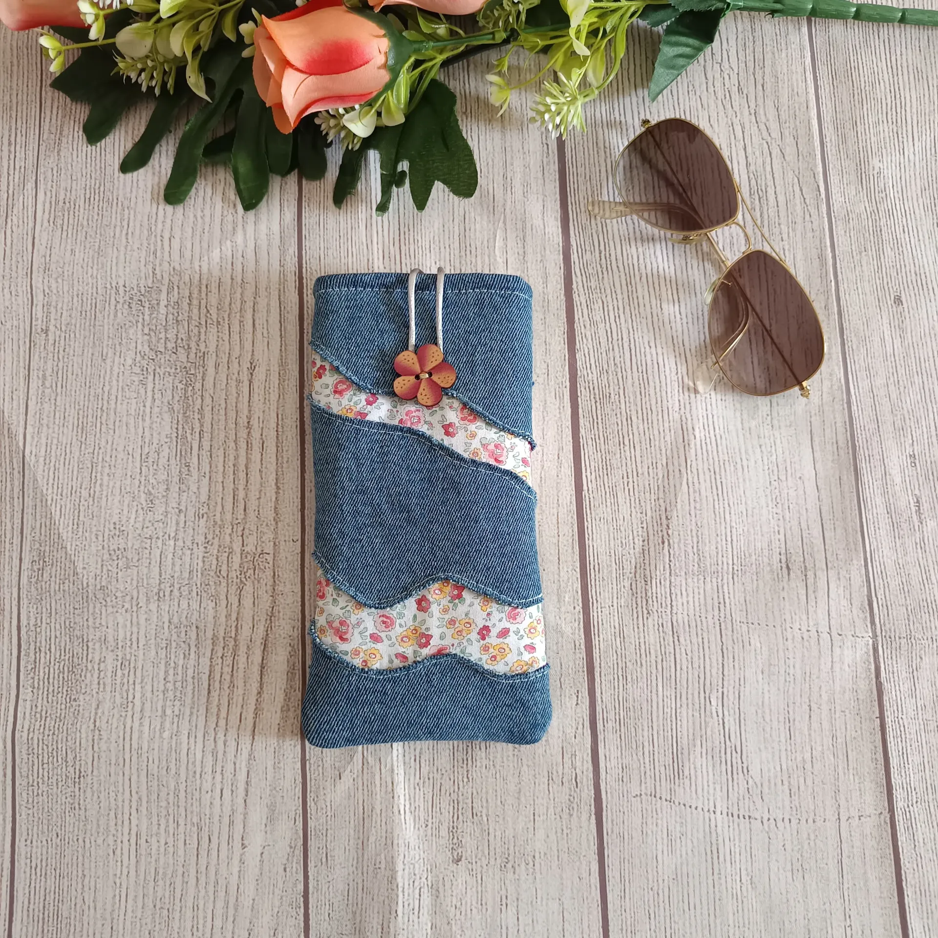 Funda de Gafas de Tela Vaquera con Flores |Hecha a mano