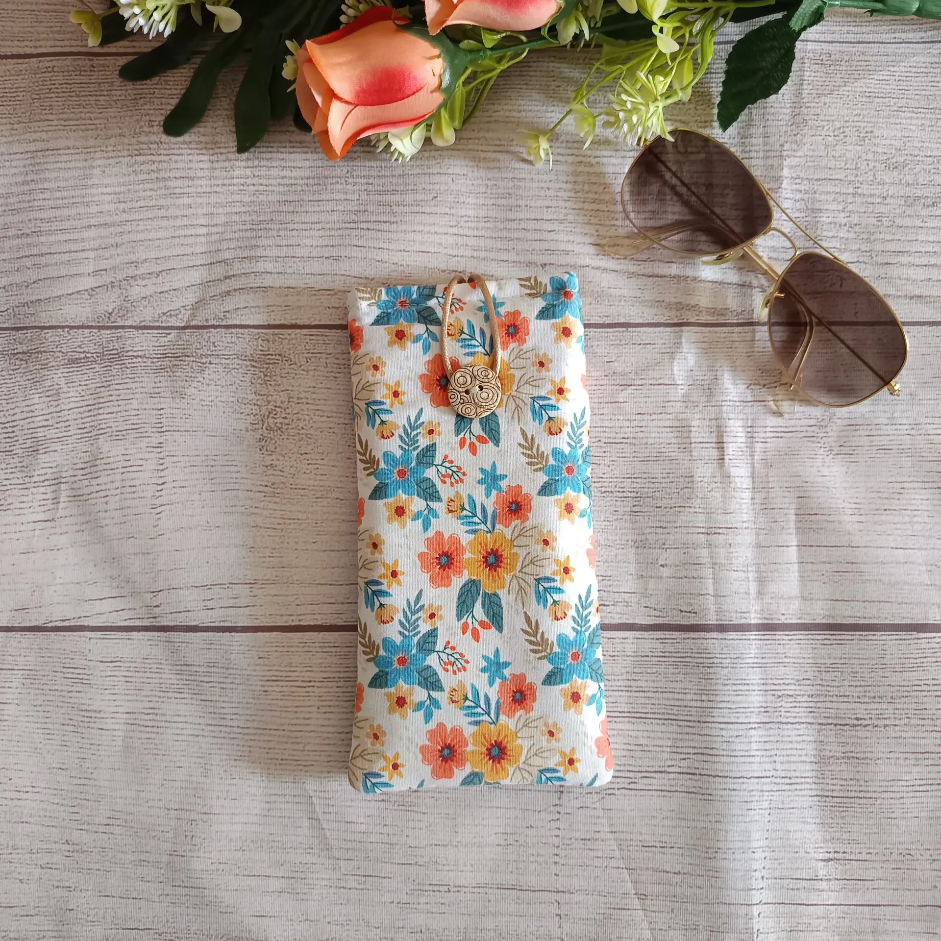 Funda Gafas Tela Floral Azul y Naranja