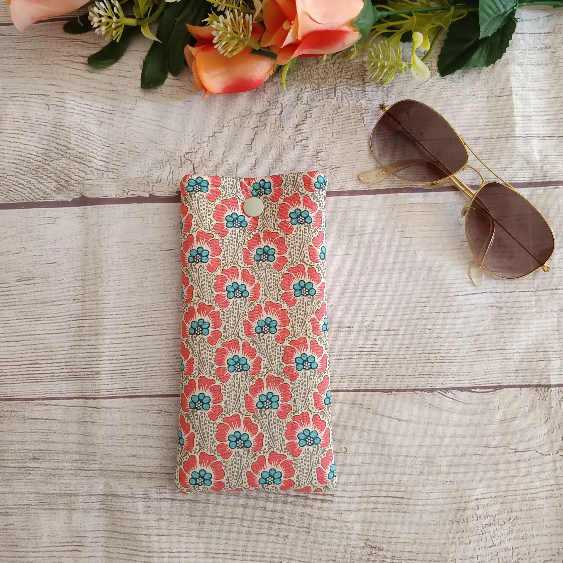 Funda de Gafas de Tela Hecha a Mano -Amapolas Coral y Turquesa